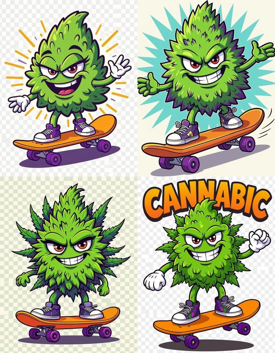 Retro Cartoon Cannabis Mascot on Skateboard