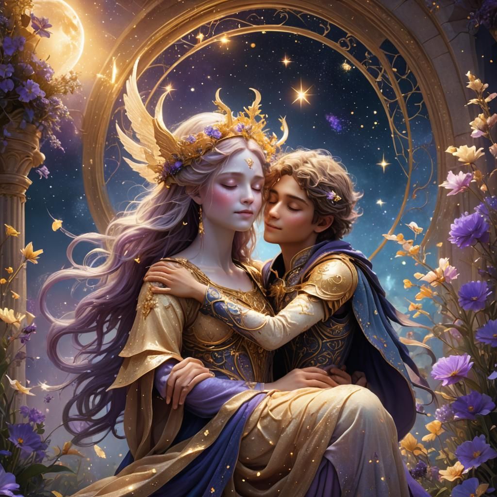 Celestial Being Embraces Mortal: Romantic Fantasy Art