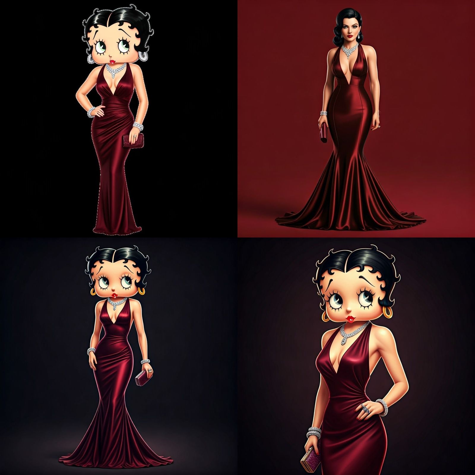 Bettyboop in Deep Burgundy Satin Gown with Diamond Accents