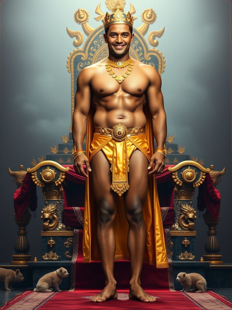 Strong Sri Lankan King in Gold Underwear, Adorned with Jewel...