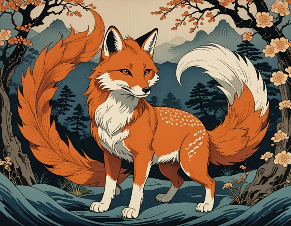 Mystical Kitsune in Traditional Japanese Art