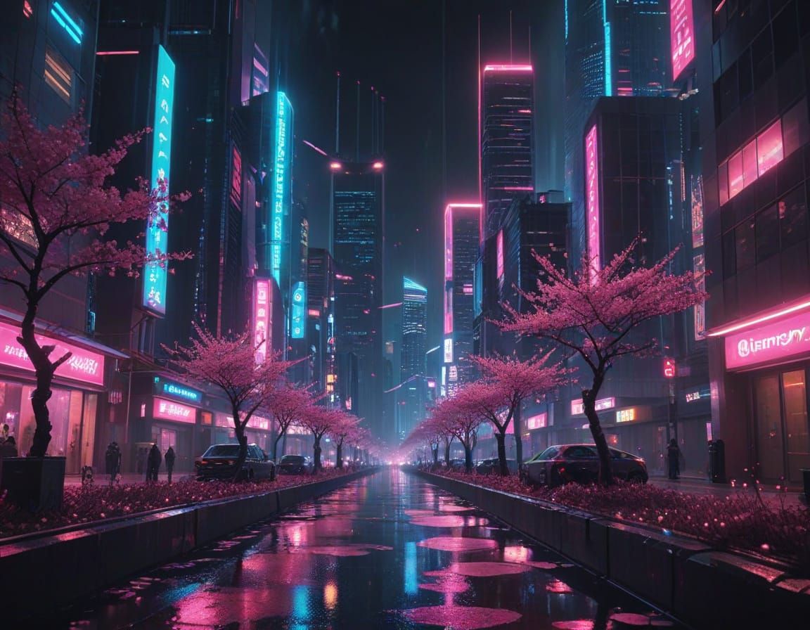 Cyberpunk Cityscape with Neon Cherry Blossoms