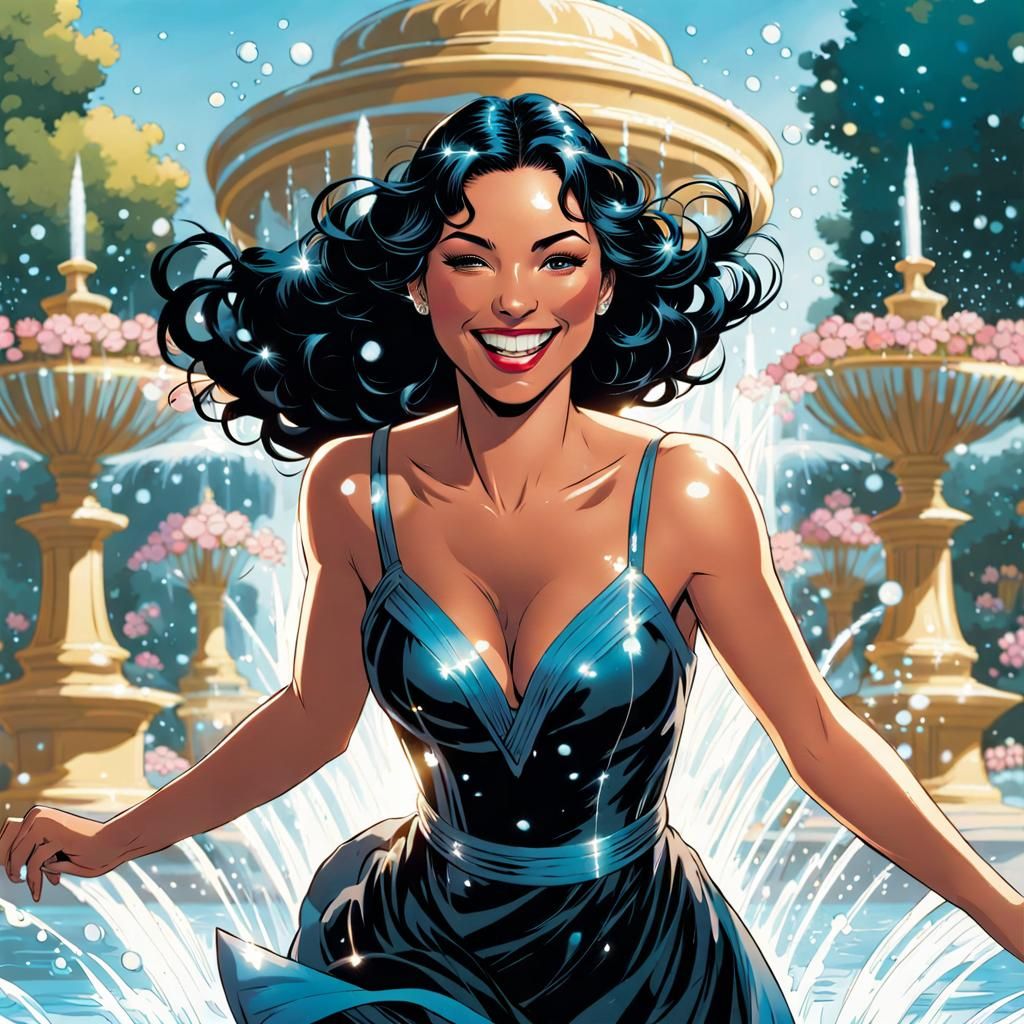 Joyful Woman Splashing: Comic Book Style Art