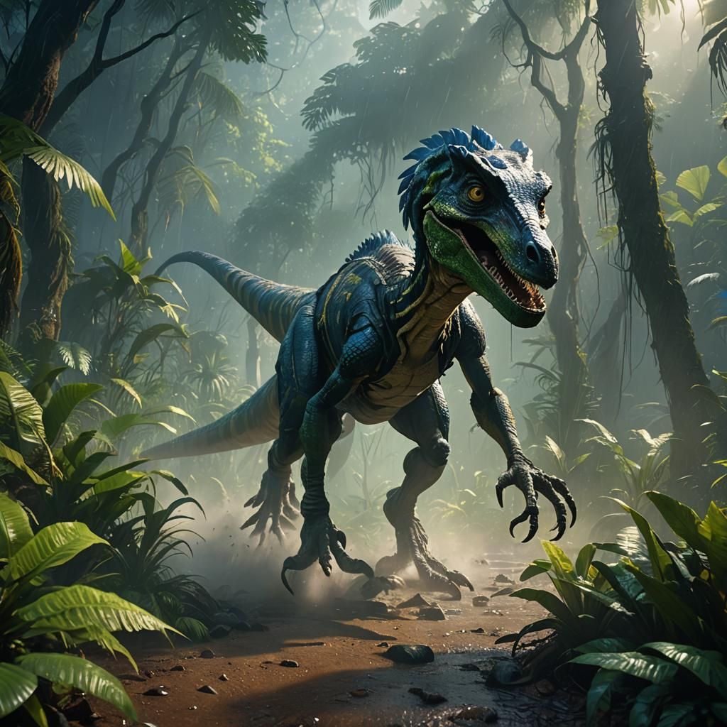 Velociraptor in Misty Jurassic Jungle