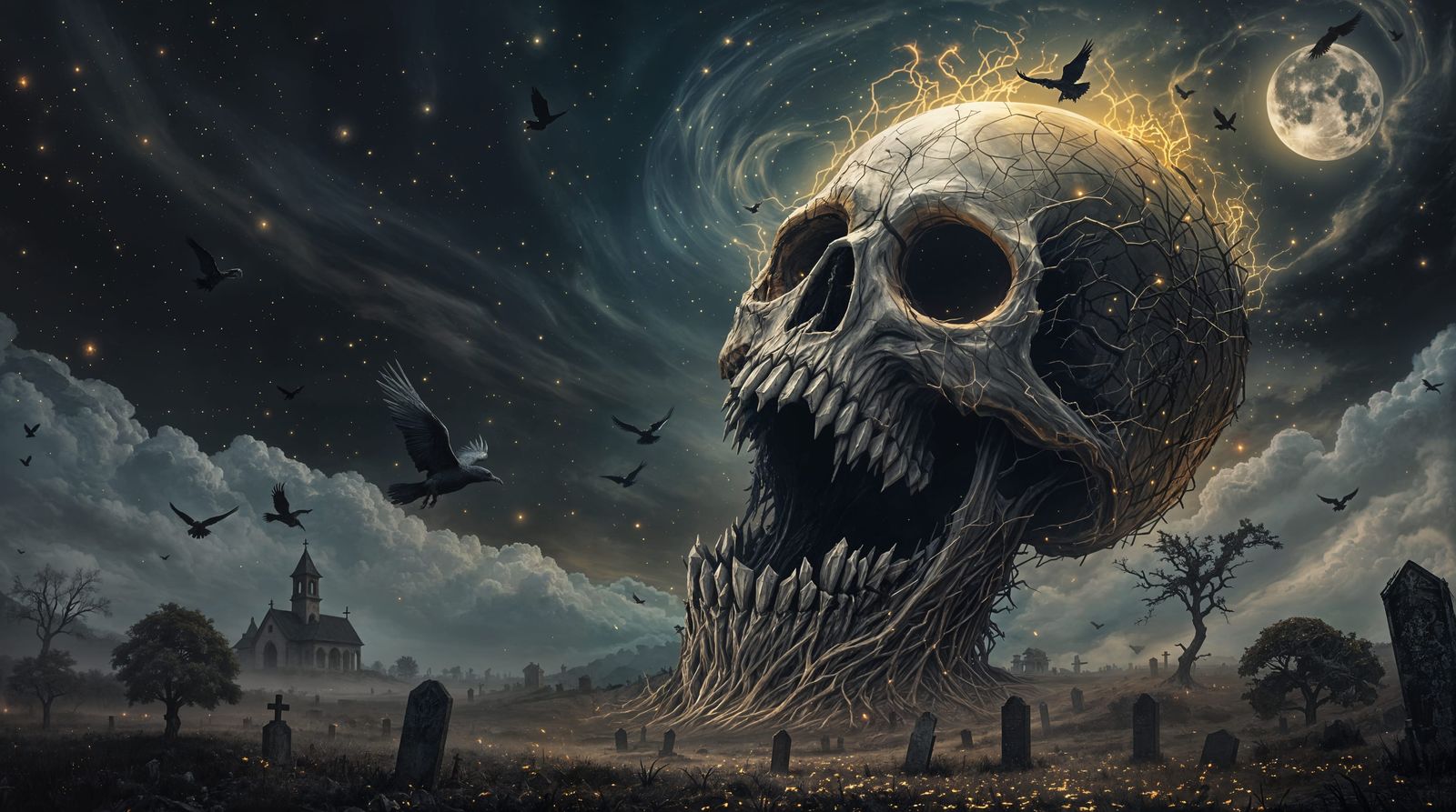 Surreal Twilight Skull Dominates Decaying Graveyard