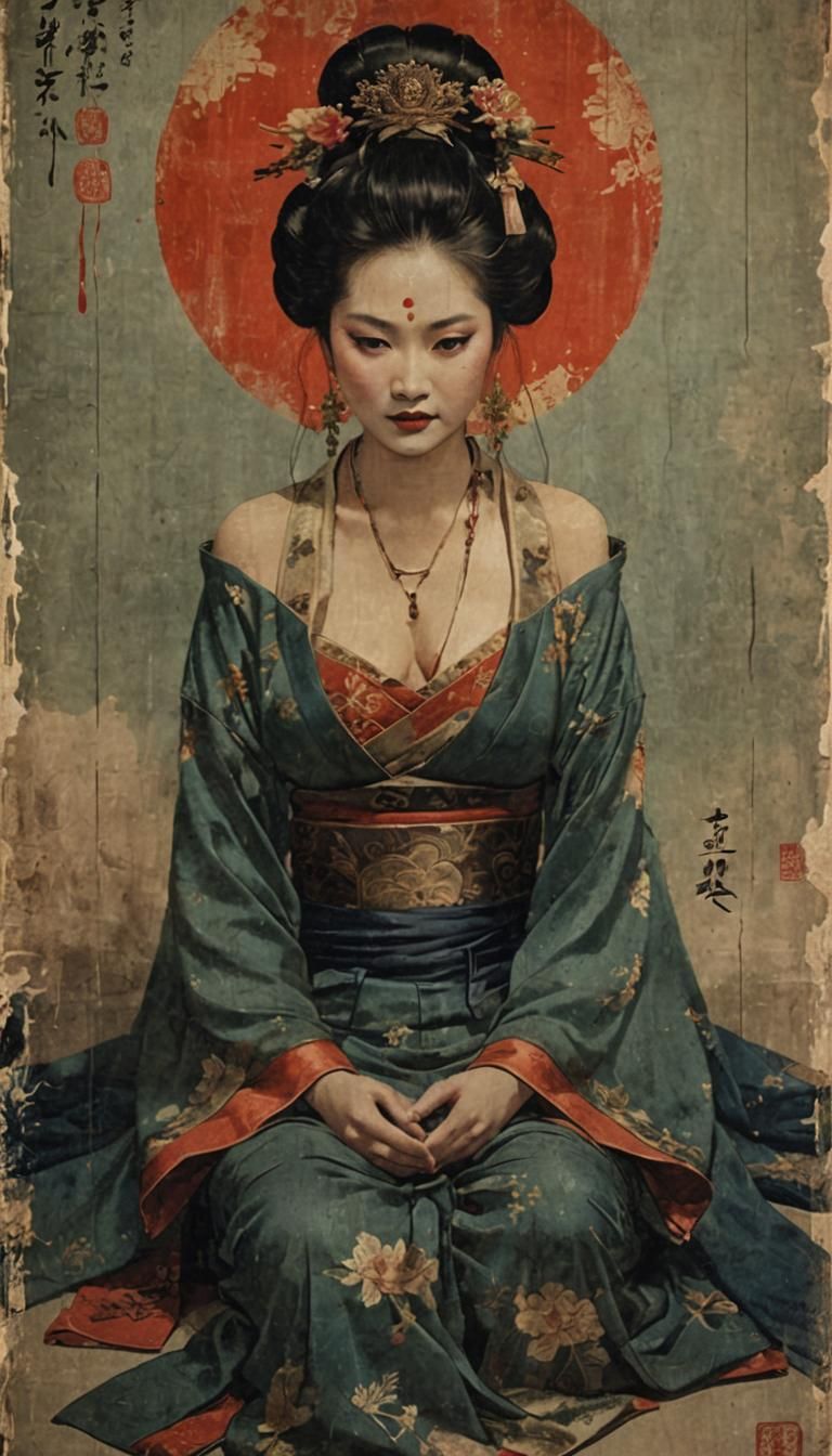 Aged poster of a beautiful concubine. Asian aesthetic