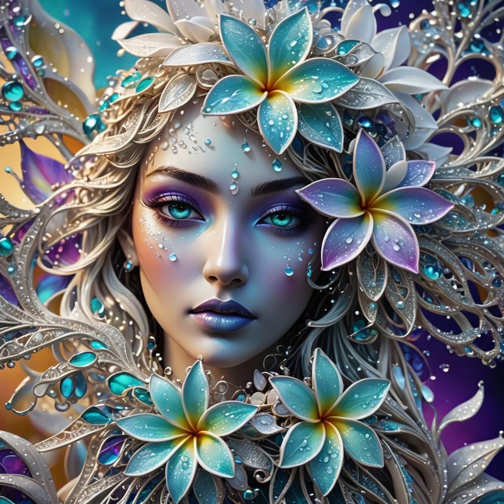 Opalescent Fractal Plumeria with Lace and Dew Drops