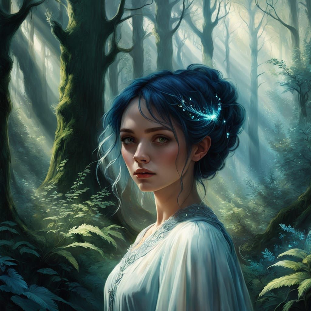 Magical Woman in Ethereal Forest Clearing Matte Painting