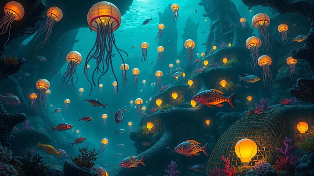 Bioluminescent Deep Sea City in Surreal Style