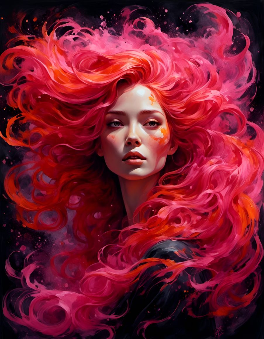 Fiery Woman Portrait with Flowing Magic Elements