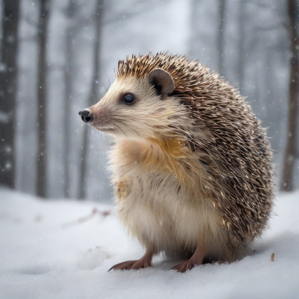 Surreal Expressionist Winter Scene with Hedgehog on Throne