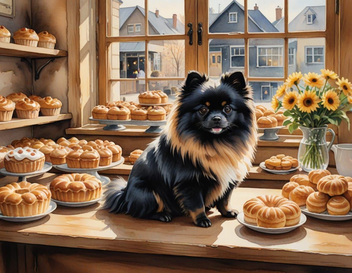 Whimsical Bakery Scene with a Cuddly Pomeranian