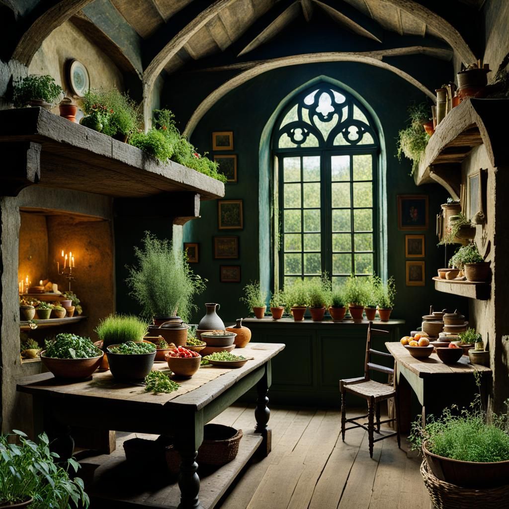 Medieval Herb Woman's House in Impressionistic Style