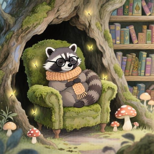 Bioluminescent Raccoon Reading in Magical Tree