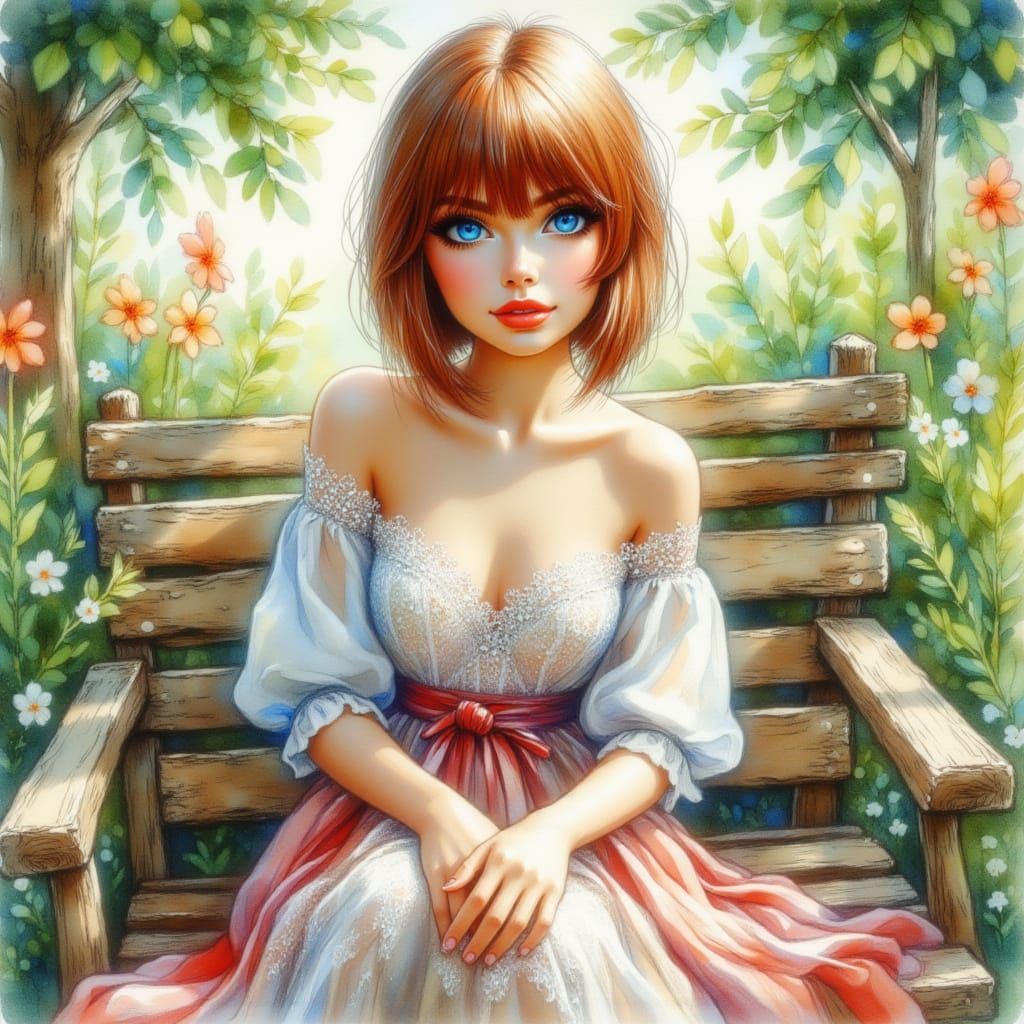 Woman in Boho Dress in Garden, Whimsical Gouache Style