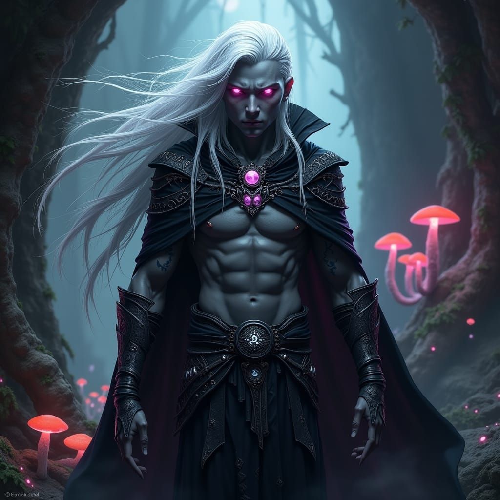 Male Drow, High Magician, wearing a torn cloak, Long White H...