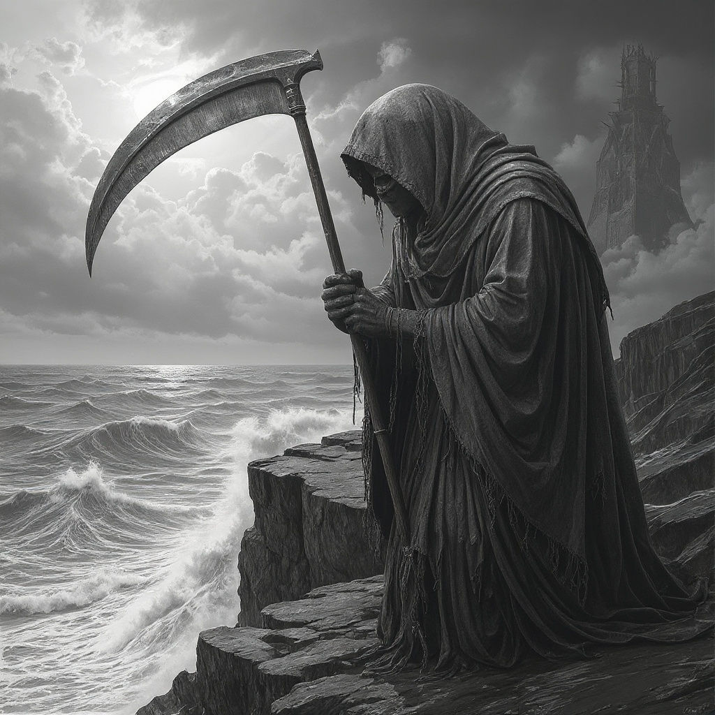 Desolate Figure Overlooking Stormy Sea, Charcoal Drawing