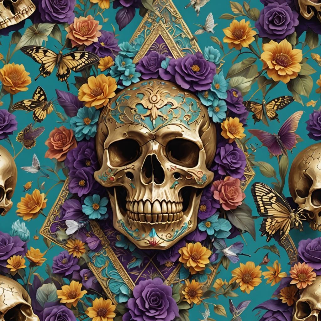 Mexican Skulls in Expressionist Floral Arrangement