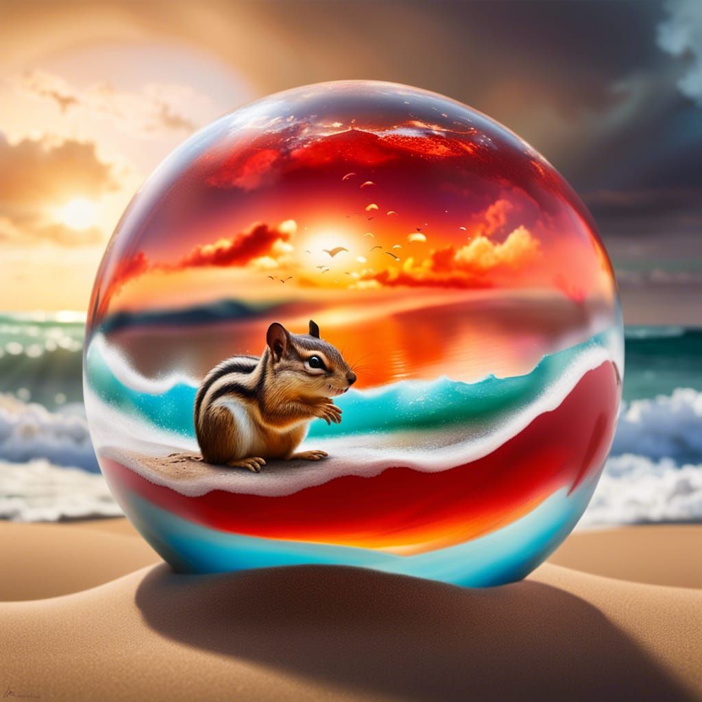Chipmunk and Stormy Sea in Glass Sphere