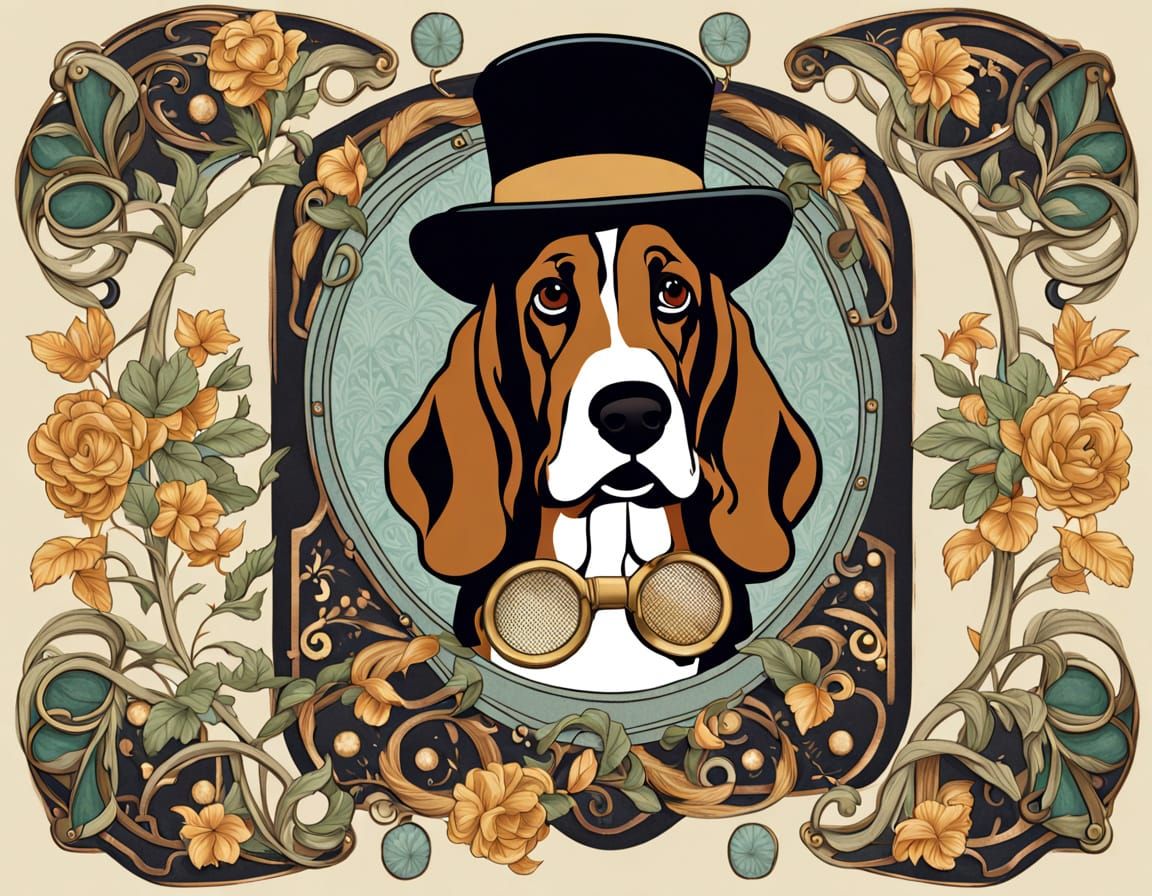 Art Nouveau Basset Hound Detective in Gold Leaf Style