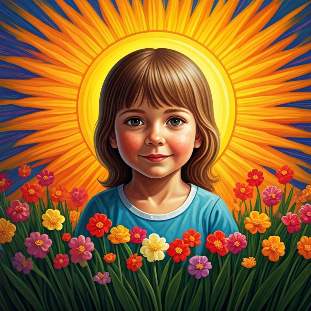 Colorful Naive Art: Sun and Flowers