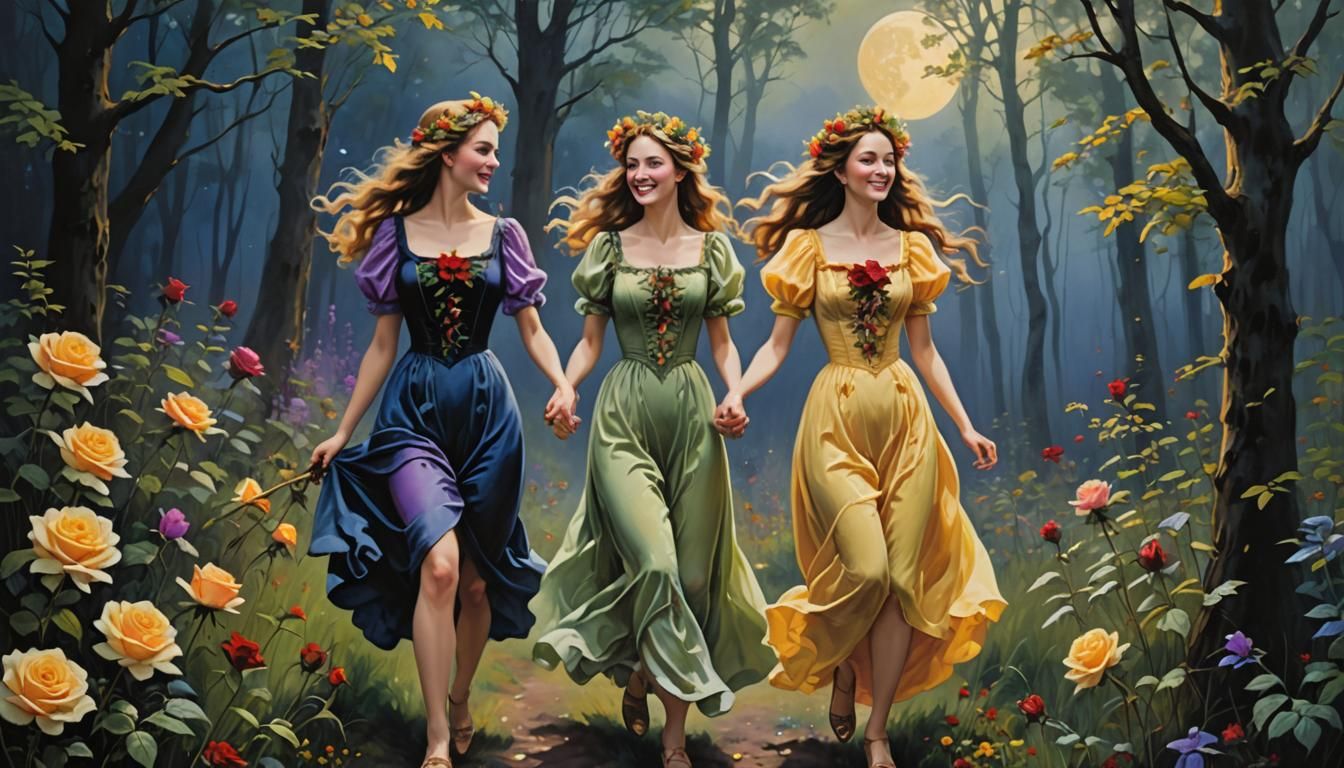 Misty Forest Scene with Running Girls, in Pastel Style