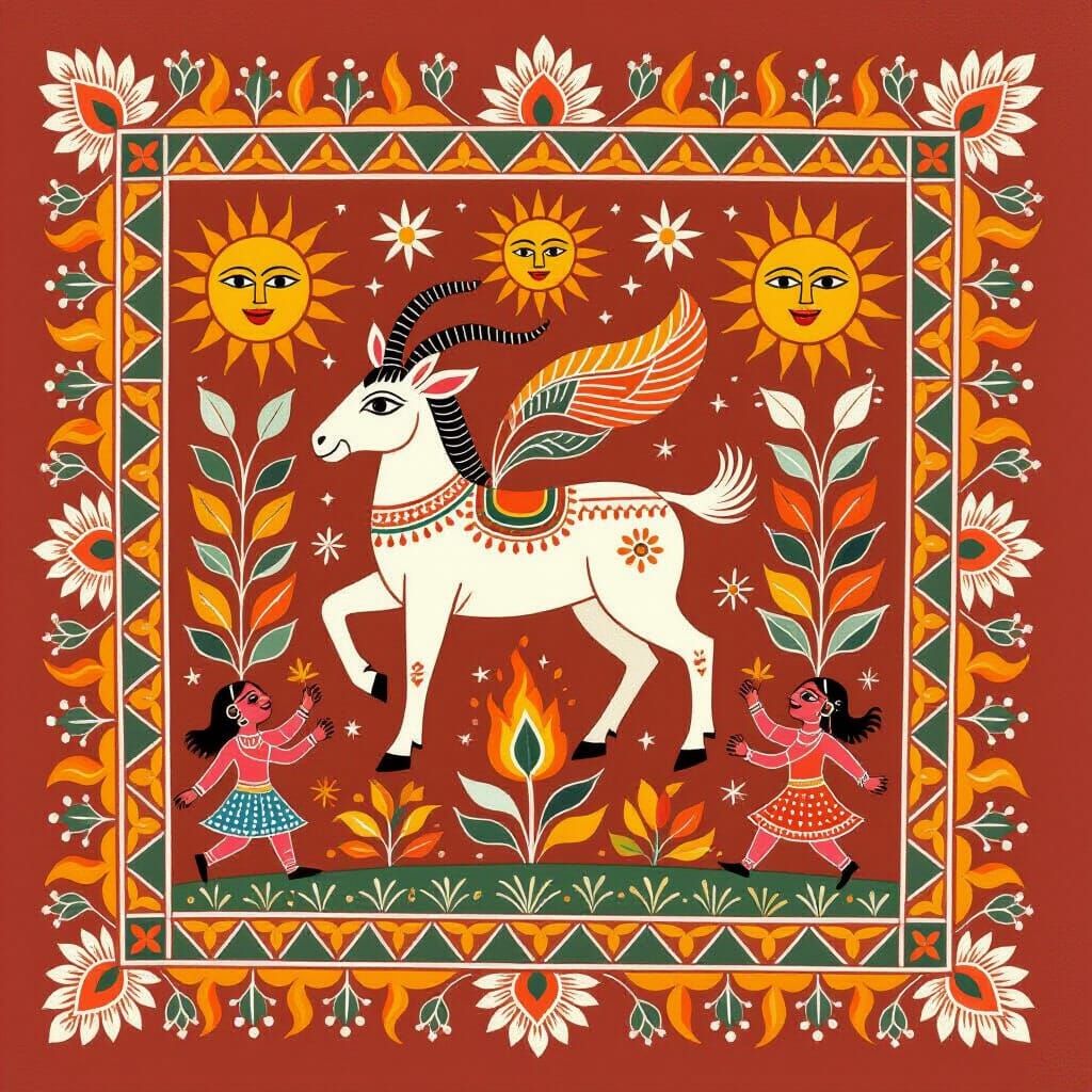 Aries Zodiac Glyph in Vibrant Warli Tribal Art Frame