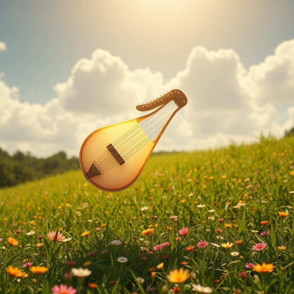 Glowing Autoharp Above Green Meadow: Fantasy Concept Art