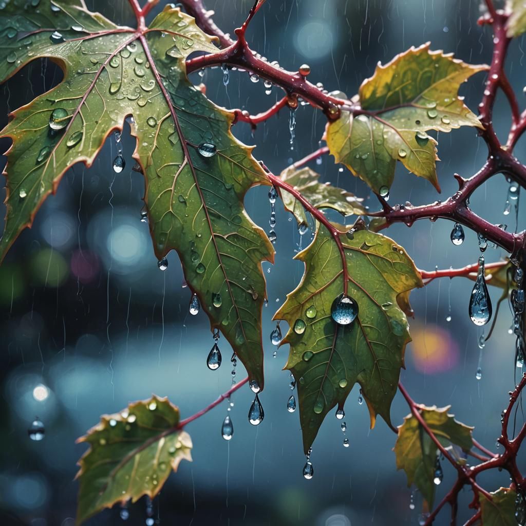 Raindrops on Vine Leaf in Fantasy Style