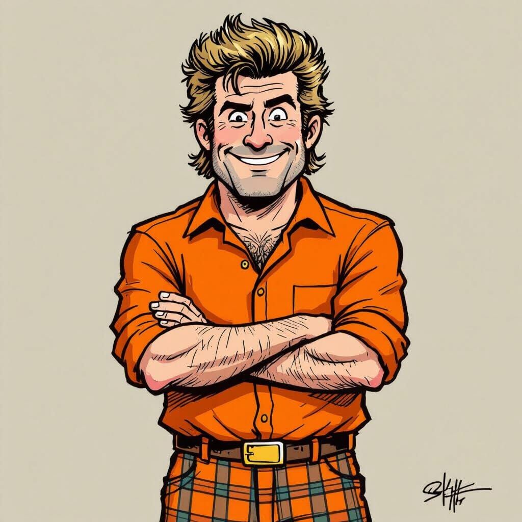 Smug Man in Plaid Pants and Orange Shirt