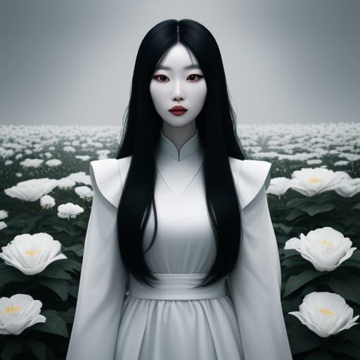 Korean Woman in Fierce Garden with Flower Teeth