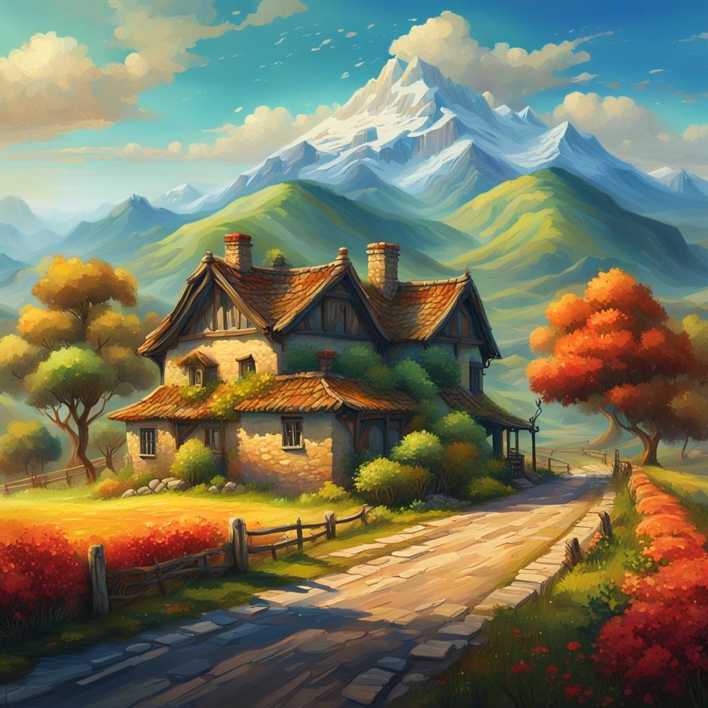 Rural Landscape Impressionist Painting with Mountain View