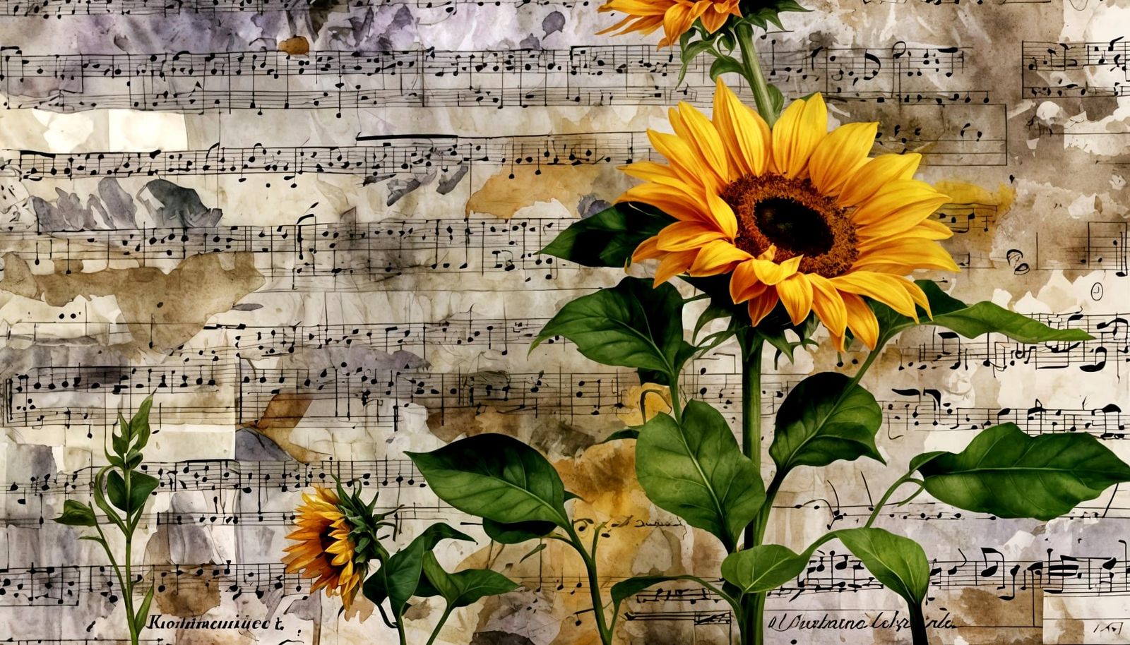 Watercolor Sunflowers Collage on Vintage Sheet Music