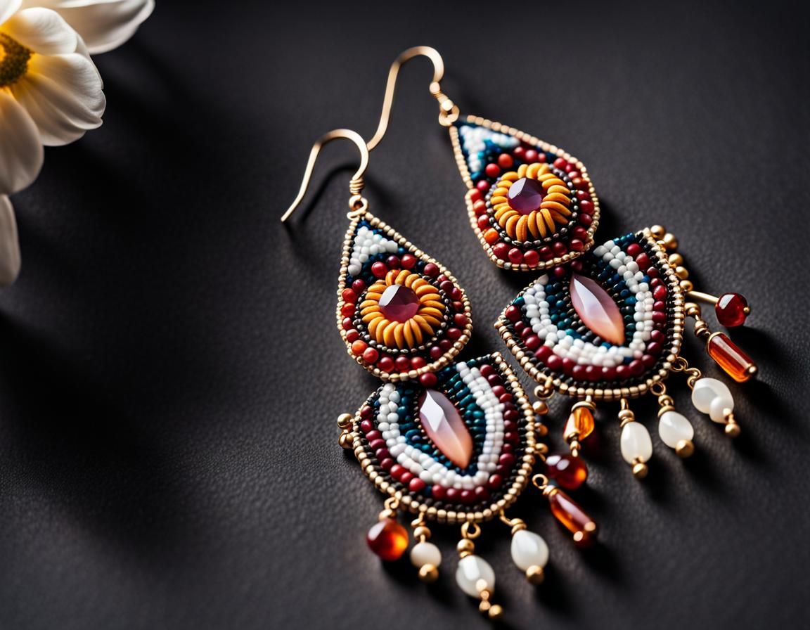 Handmade Embroidered Earrings with Natural Stones