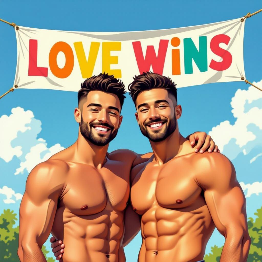 Gay Couple Embraces Under "Love Wins" Banner