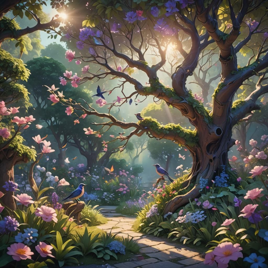 Serene Garden with Birds in Fantasy Style