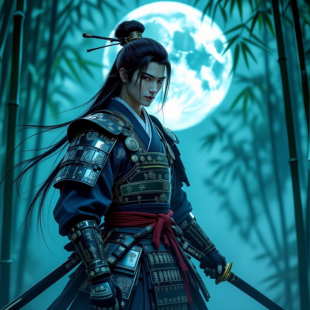 Elegant Samurai Warrior in Moonlit Bamboo Forest