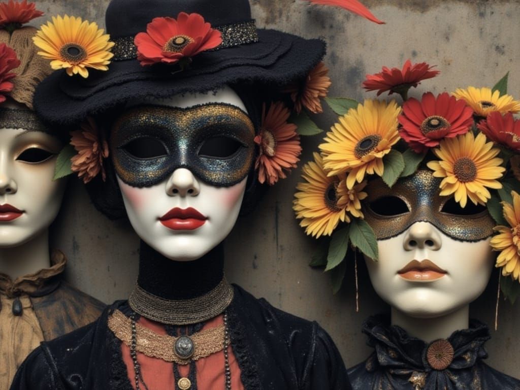 Bohemian Collage: Carnival Masks with Flowers & Feathers