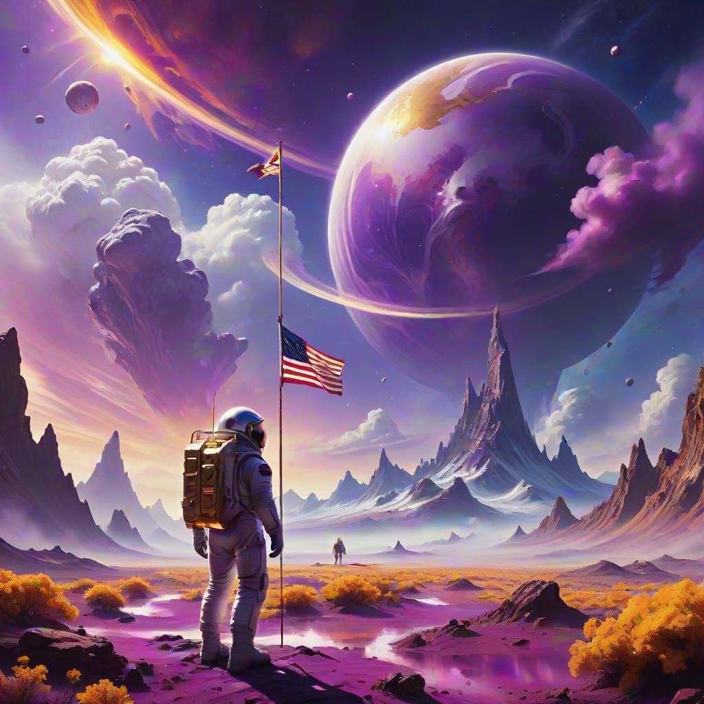 Surreal Astronaut Unfurls Flag on Vibrant Alien World