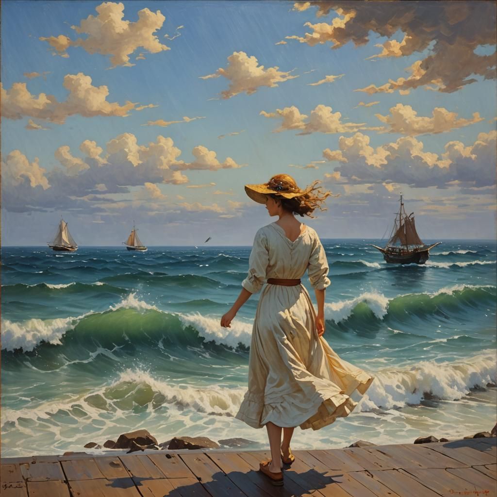 Golden Voyage: Ship Sailing on Dancing Waves