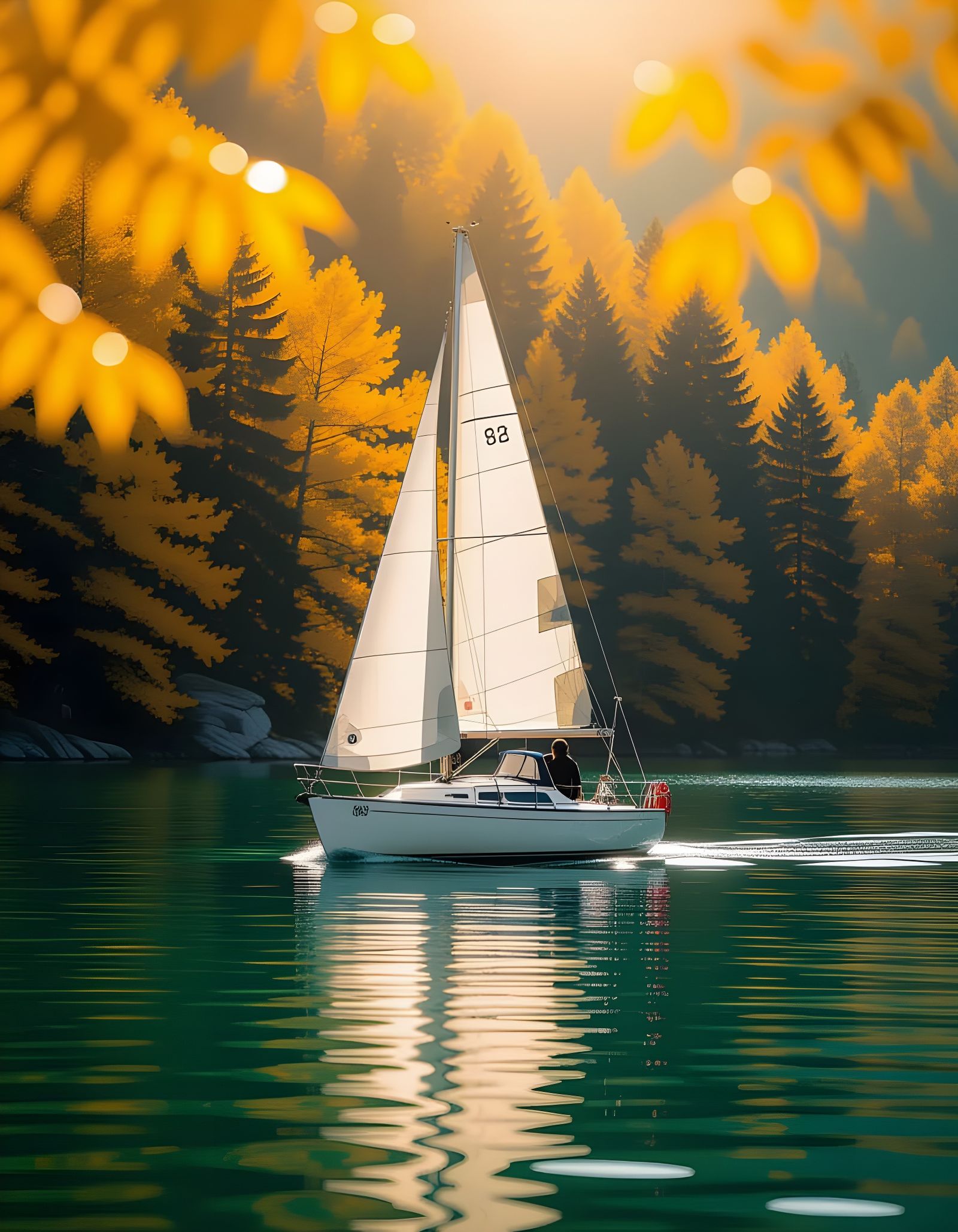 Sailboat on Emerald Lake in Autumn Light
