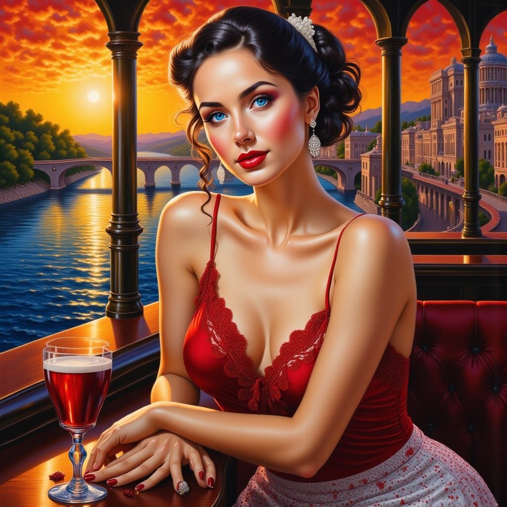 Beautiful Woman in Bar, Oil Painting Style
