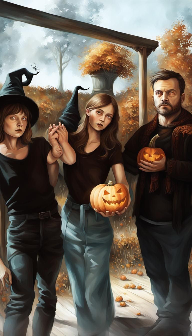 Eerie Family Portrait with Witch Hat and Pumpkin