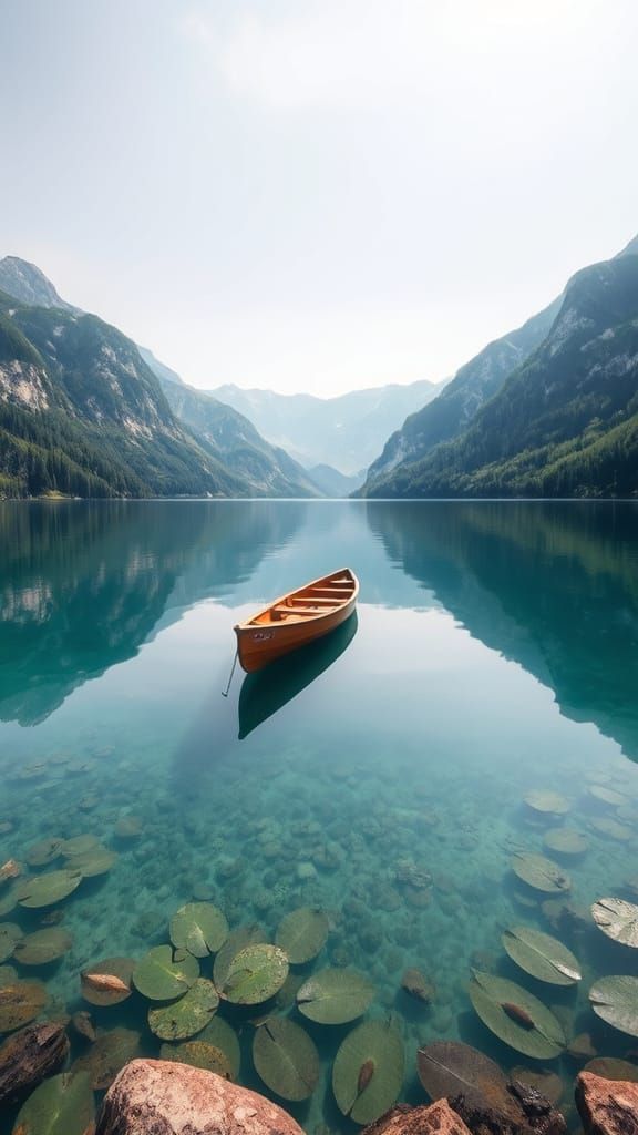 Serene Mountain Lake with Canoe Reflection
