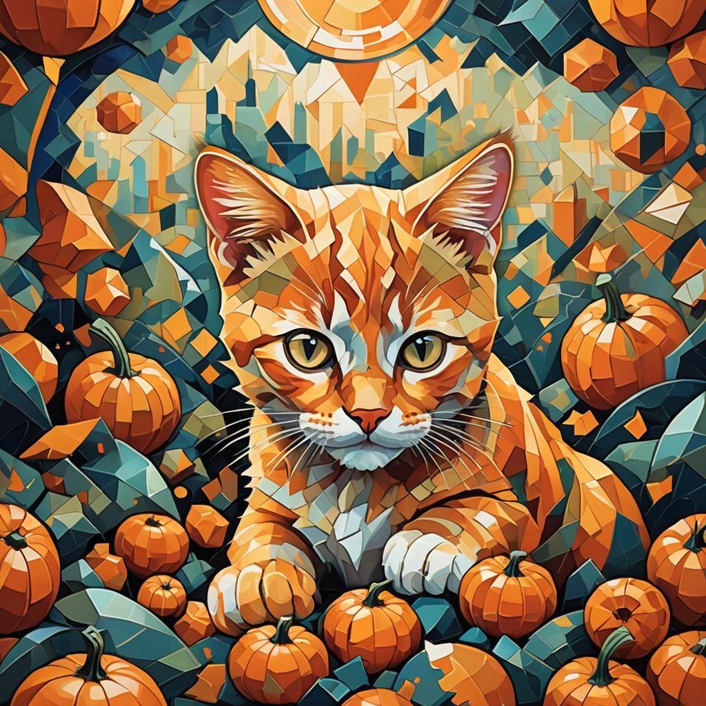 Orange Kitten in Cubist Pumpkin Patch