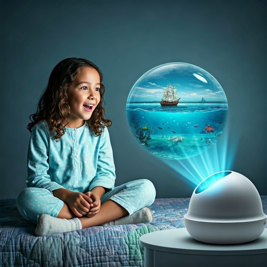 Child Mesmerized by Holographic Ocean Projector