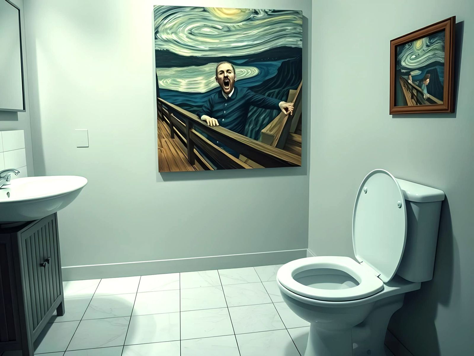 Man Screaming on Toilet in Expressive Style