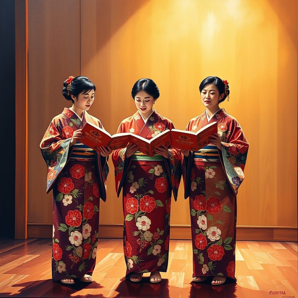 Japanese Women Singing in Harmony on a Traditional Wooden St...
