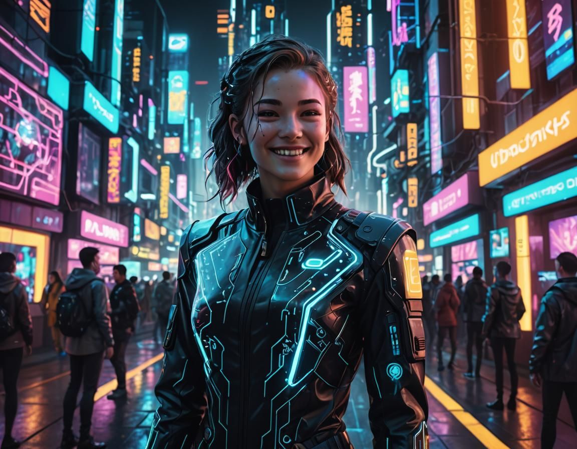 Smiling Happiness Monitor in Neon Cyberpunk City