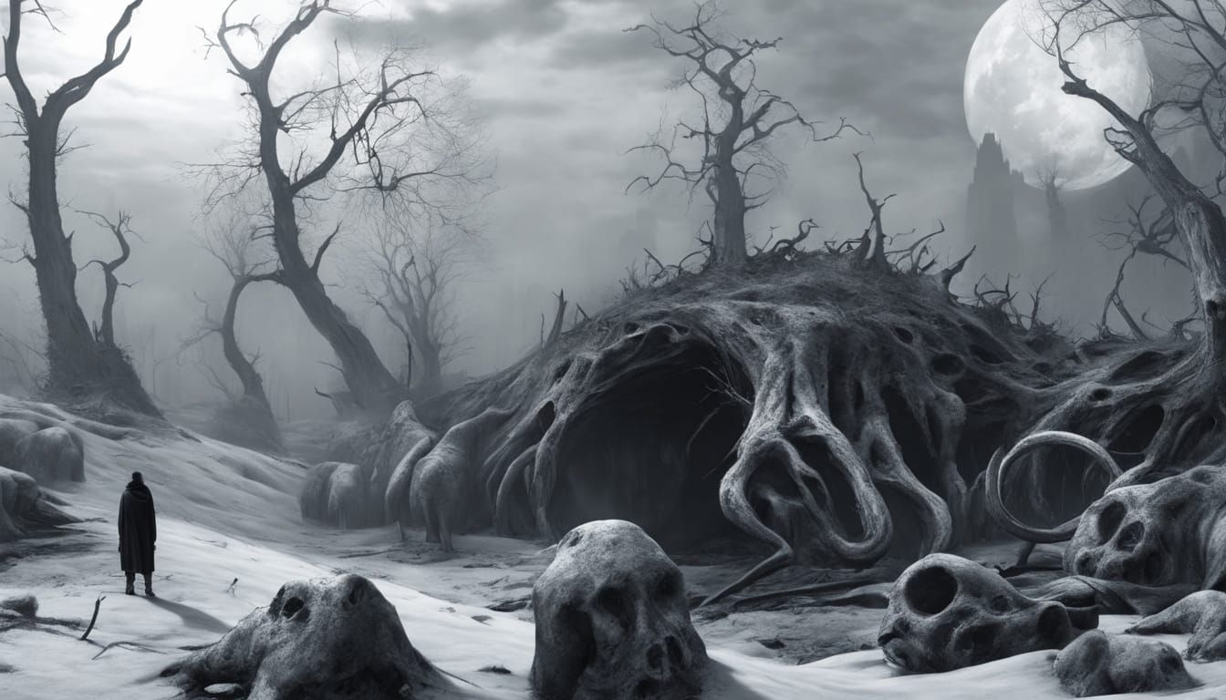 Dark Fantasy Ruined Cityscape with Lone Figure